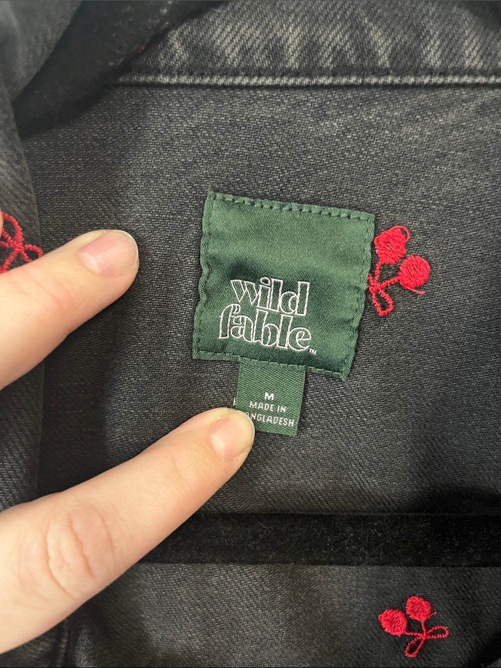 wild fable Black Distressed Denim Vest with Red Cherry Embroidery - Picture 2 of 3